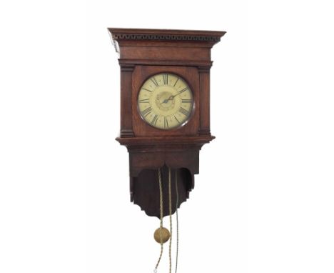 Oak cased single train hooded wall alarm clock, the 6.75" brass dial with central alarm dial and single iron hand, within a g