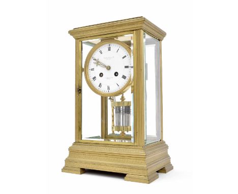 Impressive French gilt brass four glass two train mantel clock, the 4.25" white dial signed Bowell &amp; James Limited, To Th
