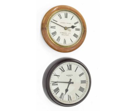 Magneta electric 12" wall dial slave clock within a Bakelite case; also a Lowne's Patent 10" wall dial clock signed Gibson Li