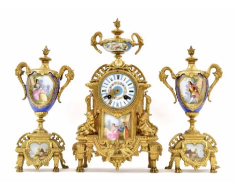 French gilt metal and porcelain mounted two train mantel clock garniture, the Japy Freres movement striking on a bell (missin