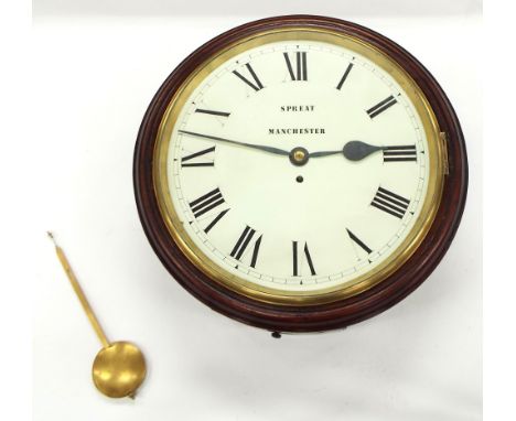 Mahogany single fusee 14" wall dial clock signed Spreat, Manchester, within a turned surround (pendulum)