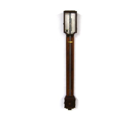 Mahogany stick barometer signed Tarone, Fecit on the silvered scale, over a flat trunk to the square cistern cover, inlaid wi