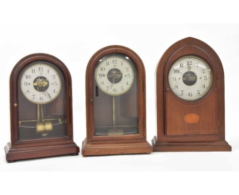 Bulle electric mantel clock, the 6" silvered dial within a mahogany inlaid lancet case, 15" high; also two other Bulle electr