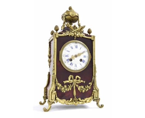 French tortoiseshell veneered and ormolu mounted two train mantel clock, the Vincenti movement striking on a gong, the 4" con