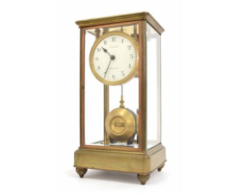 Bardon four glass electric mantel clock, the 3.75" cream dial within a bevelled glazed brass bound stepped case, 13.25" high 