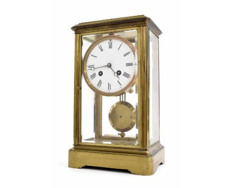 French brass four glass two train mantel clock, the Japy Freres movement striking on a bell (missing), the 4" white dial with