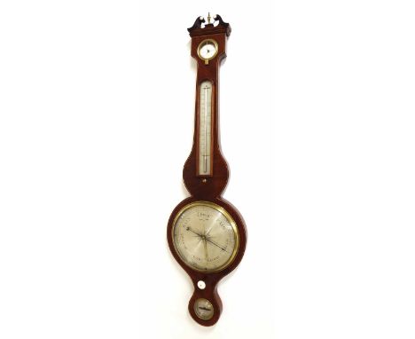 Mahogany five glass banjo barometer signed B. Cantoni, Horsham, the principal 8" silvered dial within a boxwood banded case s