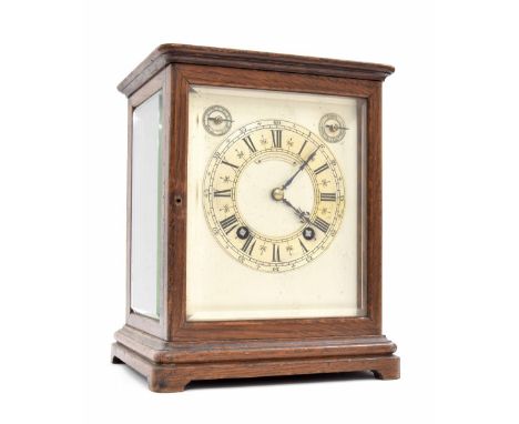 German oak ting-tang mantel clock, the W &amp; H movement striking the hours and quarters on two gongs, the silvered chapter 