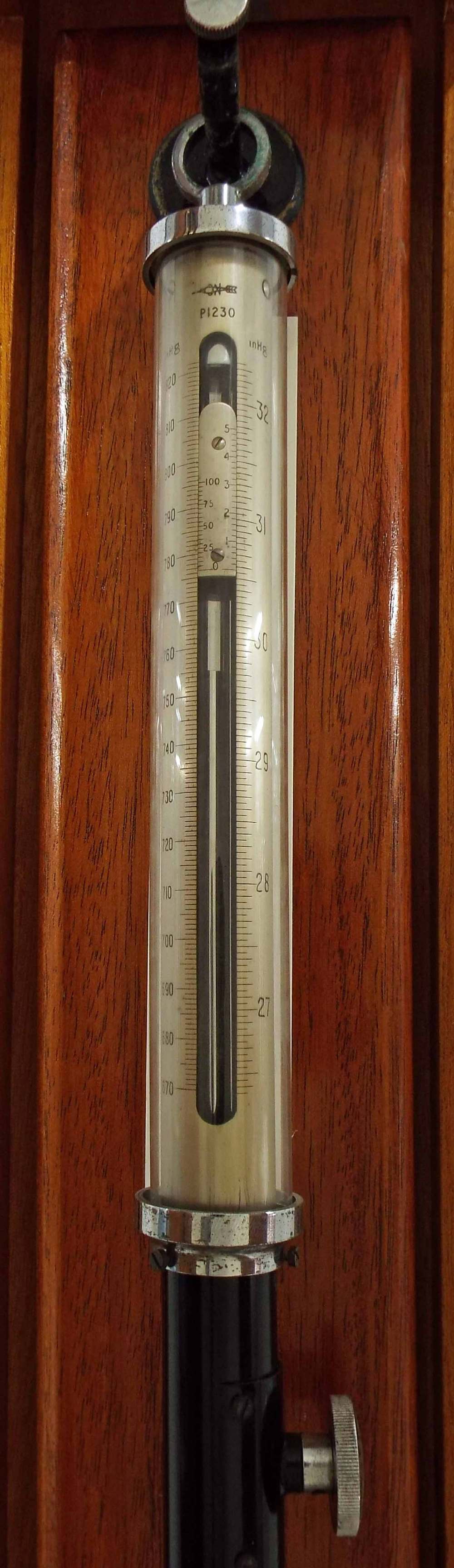 Fortin type cylindrical barometer/thermometer, the silvered scale over
