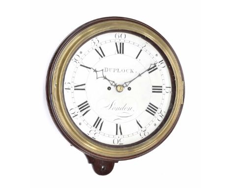 Fine and rare mahogany double fusee verge 12" wall dial clock, the flat silvered dial signed Duplock, London with Roman and A