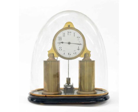 Eveready electric mantel clock, the 4.75" white dial supported upon two brass cylindrical battery columns, the movement back 