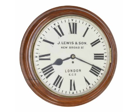 Large mahogany single fusee 18" wall dial clock signed J. Lewis &amp; Son, New Broad St, London E.C.2, within a turned surrou