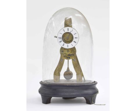 French brass skeleton timepiece clock with alarm, the 2.25" white chapter ring enclosing a skeletonised centre with alarm dia