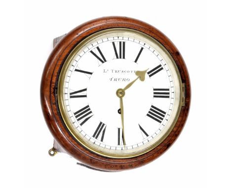 Good mahogany single fusee 8" wall dial clock signed Ls. Truscott, Truro, within a turned surround (pendulum and key)