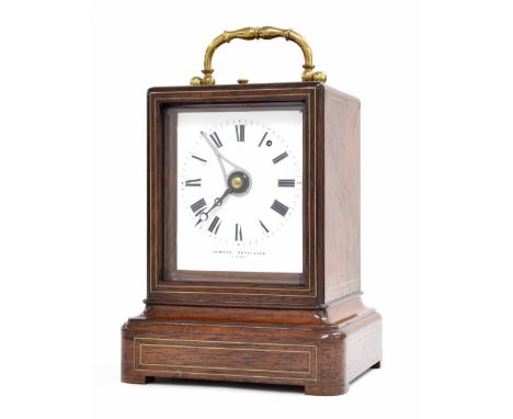 Unusual small French rosewood two train repeater alarm mantel clock, striking the hours and halves on a single bell drilled w