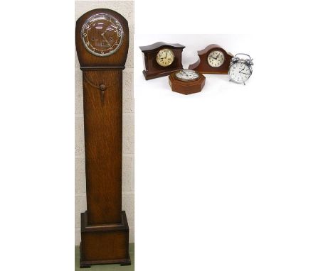 Two wooden cased two train mantel clocks (both with pendulum), Junghans wall timepiece, the 6" white dial with fast/slow leve