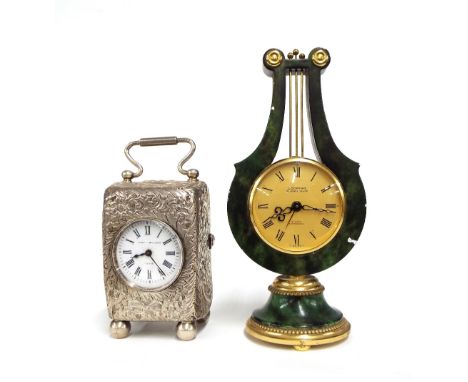 Miniature silver cased carriage clock timepiece with French platform escapement, within a silver hallmarked case repousse wit