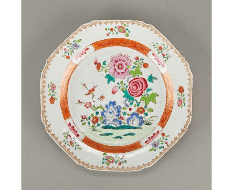 Chinese export famille rose octagonal porcelain plate. With a central medallion depicting blooming flowers and scholar's rock