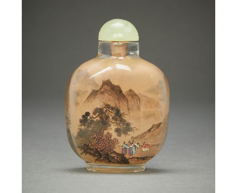 Chinese glass inside painted snuff bottle with a sepia wash. Both sides painted with a landscape; one side with characters an