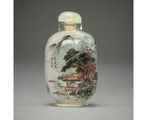 Chinese inside painted glass snuff bottle with two landscapes. One side depicting a scholar in a pavilion viewing a man on a 