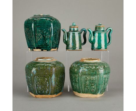Group of five Chinese green copper glazed ceramic vessels. Three hexagonal faceted vessels with floral decoration and two lid