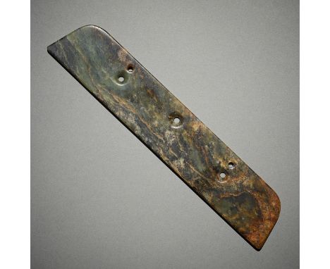 Early Chinese carved jade blade or reaping knife in an archaic manner. Many signs of hand tooling and polishing. Pierced by f