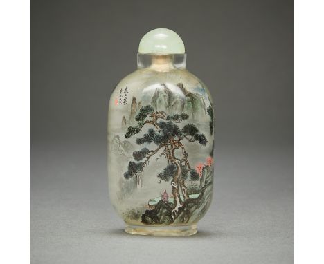 Chinese inside painted snuff bottle. With an oval landscape with a scholar observing the mountainous region under a tree on o