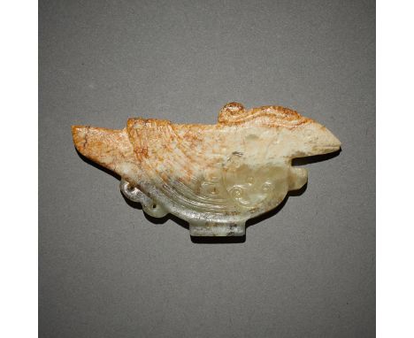 Archaic Chinese carved jade bird plaque with excellent carving. The jade weathered as expected.Provenance: Private Minneapoli