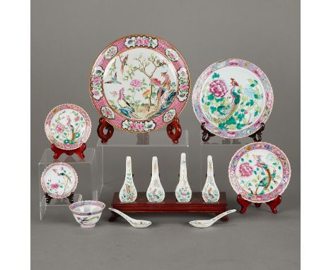 Group of twelve 19th century famille rose porcelain objects, likely made for the straits Chinese market in the manner of Pera