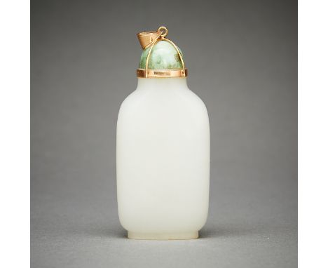 Chinese white jade carved snuff bottle with a pale greenish-white coloration. With a green jadeite lid. Bound together with 1