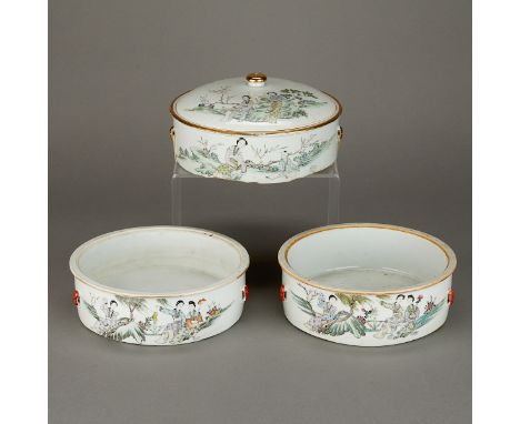 Group of three Chinese PRC porcelain food containers decorated with famille rose enamels. From the People Republic of China p