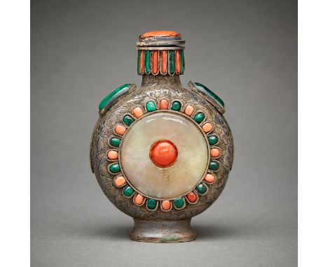 Chinese silver snuff bottle. Inset with two jade bi, malachite, and coral. With a sticker from Ming's, a Minneapolis Chinese 