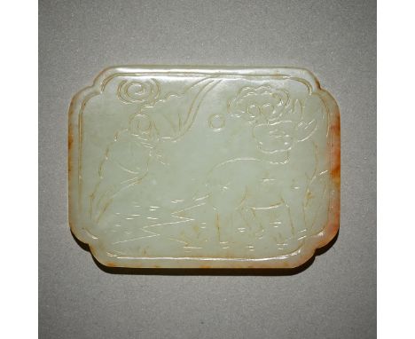 Chinese carved jade plaque depicting an animal, possibly a deer, and a bat with finely incised lines. The translucent stone o