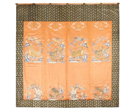 19th century Chinese silk embroidered wedding altar frontal. With an apricot field filled with fu dogs or guardian lions, bat