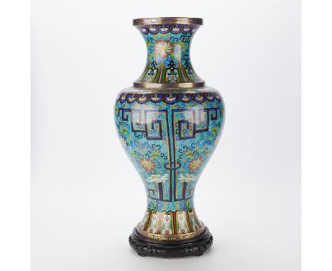 Large Chinese Republic cloisonne vase in baluster form with the body decorated with lotus flowers, scrolling tendrils and a f
