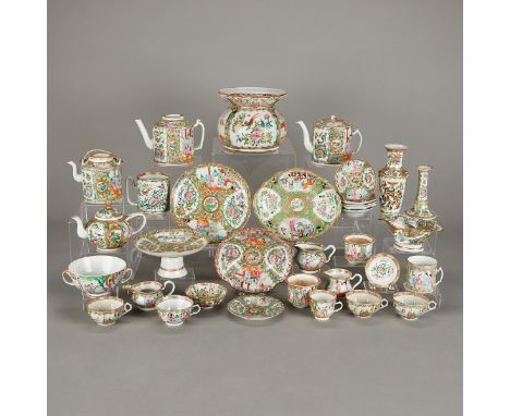 Large group of 33 pieces of 19th century Chinese rose medallion porcelain. Including one jardiniere, two serving platters, tw