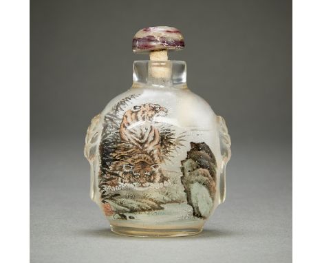 Fine Chinese inside painted glass snuff bottle depicting two happy tigers and one snarling tiger in the wild with bamboo and 