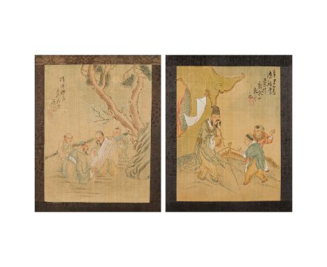 Group of two Chinese folio paintings, both 20th century. One depicting a scholar speaking to two children and the other depic