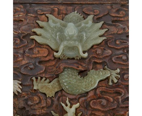 Chinese hardwood seal chest inlaid with a well-carved Hetian celadon jade dragon chasing a flaming pearl along the top. Intri