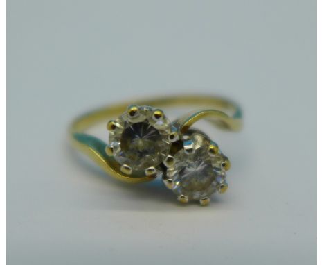 A 9ct gold, two stone ring, 1.8g, K