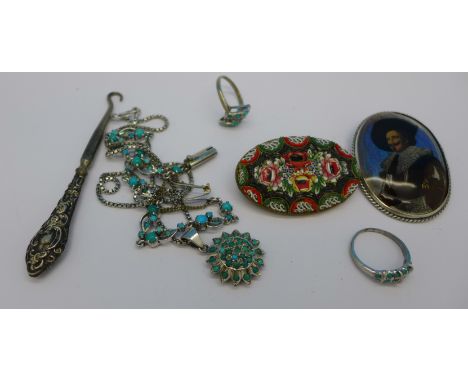 A micro mosaic brooch, other jewellery and a button hook