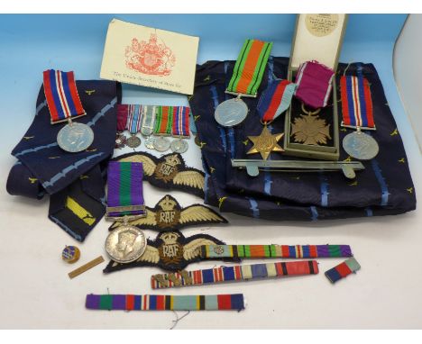 A George VI General Service Medal to 788962 F. Sgt. R. Ossendorf, WWII medals, a miniature medal group, RAF uniform patches, 