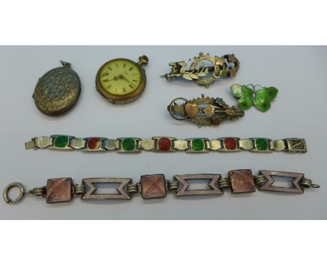 Silver jewellery, including fob watch, brooches and bracelet, 76g