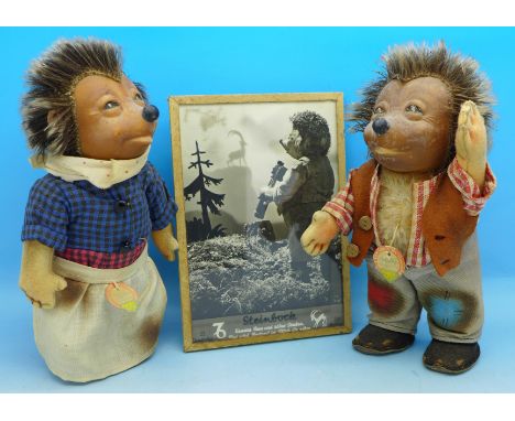 Steiff Mecki and Micki hedgehog figures and a Steiff advertising picture, 17cm
