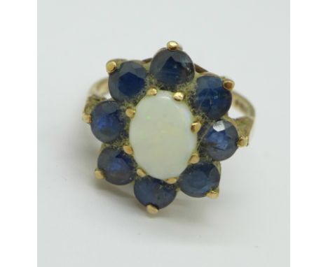 A 9ct gold, opal and sapphire cluster ring, 3g, K