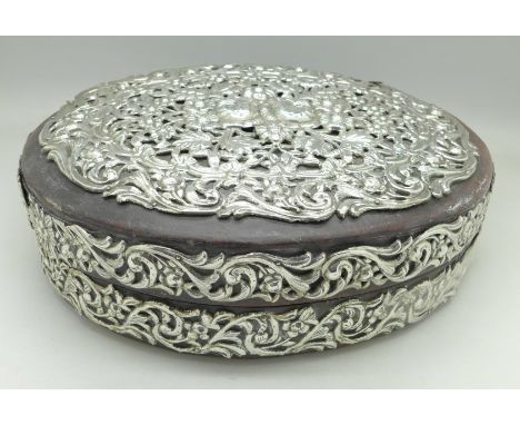 A large Egyptian silver mounted oval box, a/f