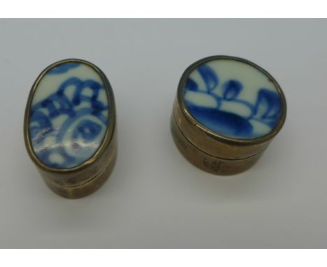 Two 925 silver and porcelain pill boxes