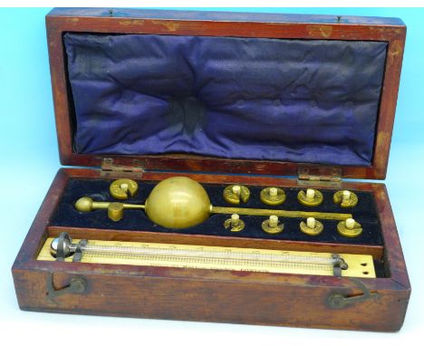 A cased Sikes hydrometer, the thermometer marked Buss, 33 Hatton Garden, London