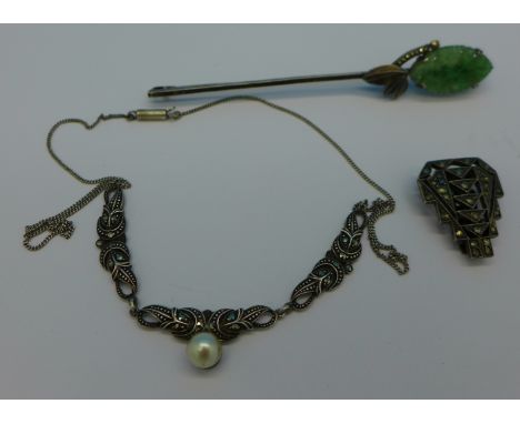 A silver, jade and marcasite brooch, a silver and marcasite clip and a silver, marcasite and cultured pearl necklet