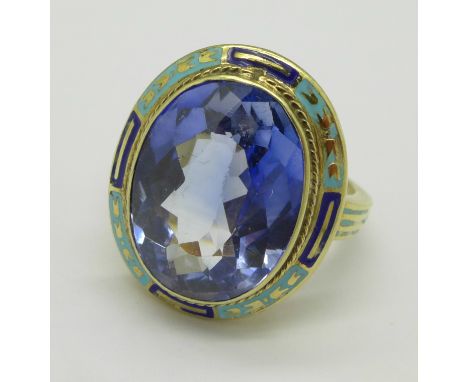 A 14ct gold, blue stone and enamel ring, 7.2g, M